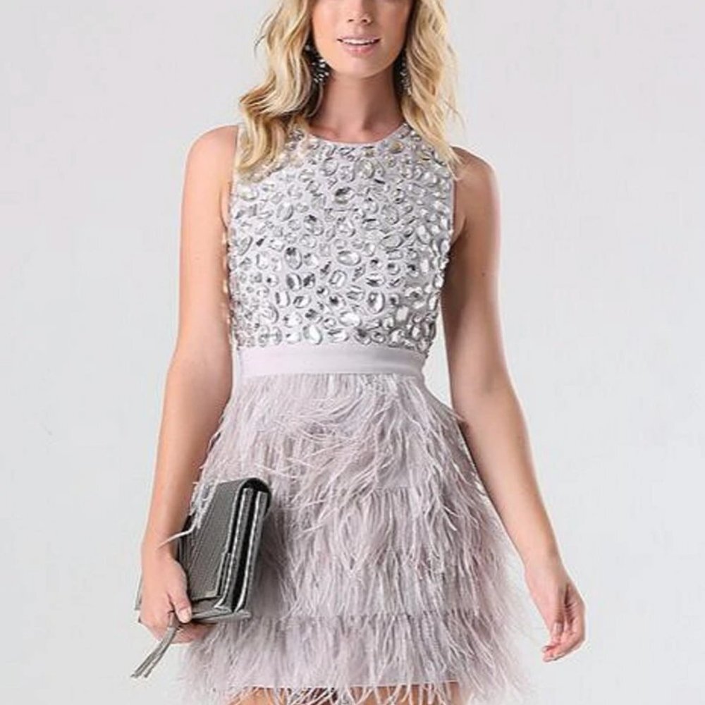 Bebe Rhinestone Feather Dress - Silver